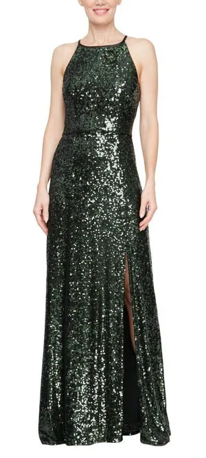 NWT Alex Evenings Neck Front Slit Sleeveless Dress Gown Black / Emerald Green 2 thumbnail 1