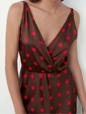 ZARA Brown & Red Polka Dot Sleeveless Midi Slinky Satin Slip Dress Size Small thumbnail 3