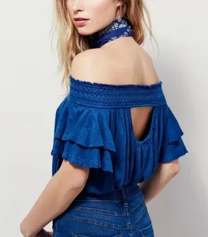 Free People OB474685 “Santorini” Off the Shoulder Sapphire Blue Top Size M thumbnail 1