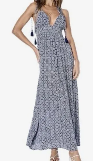 Lulus Maxi Dress Medium NWT Blue White Halter Tie Shoulder Tassel Open Back Boho thumbnail 1