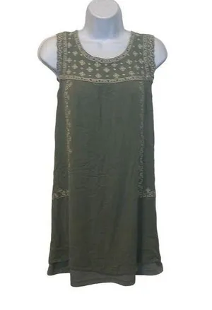 Alya EUC Green Embroidered Boho Sleeveless Tunic Dress Sz S thumbnail 1