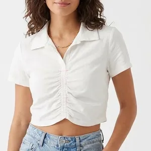 Zara Crop Shirt Womens S White Cotton Ruched Detailing Spread Collar Button Up thumbnail 1
