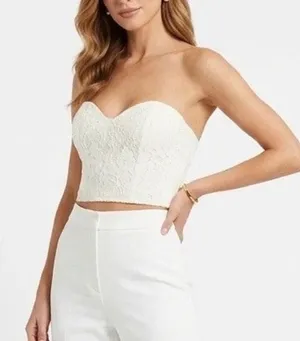 Naked Wardrobe Off White Floral Lace Sweetheart Strapless Bustier Crop Top S thumbnail 1