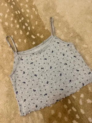 Aerie Pointelle Ribbed Floral Cami Tank Top Gray Blue Ditsy Print Lettuce Hem L thumbnail 4