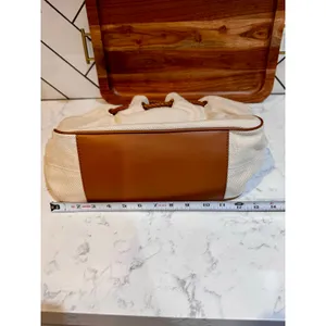 Michael Kors Montauk canvas shoulder bag cream fabric brown leather handles Y2K thumbnail 15