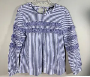 J.Crew Ruffle Stripe Blouse Womens 10 Blue‎ White Excellent Cotton Keyhole Tie thumbnail 1