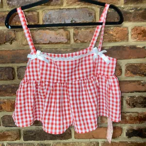 NWT Shein Mod Red Gingham Plaid Bow Lace Crop Tank Top Women's Size 2 XS thumbnail 2