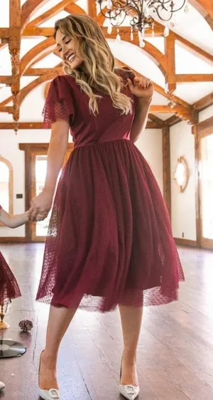 Ivy City Co Maroon Swiss Dot Flutter Sleeve Midi Dress Size Small thumbnail 1