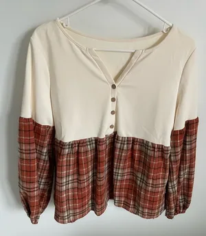 Cupshe Cream Top with Rust Plaid Hem and Sleeves thumbnail 1