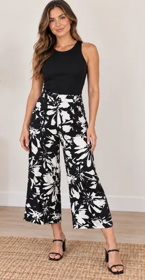 Nine West Black White Floral Wide Leg Crop Pants Size XL thumbnail 1