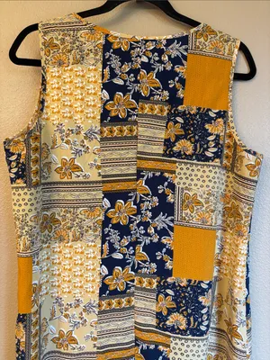 NEW! EMERY ROSE Boho Patchwork Swing Dress Mini Yellow Navy Blue Floral LARGE thumbnail 7