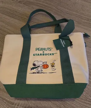 Starbucks Peanuts Snoopy Woodstock Canvas Tote Bag Green Cream Pumpkin NWT thumbnail 1