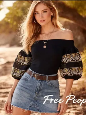 Free‎ People Black Off-Shoulder Crop Top with Gold Embroidered Puff Sleeves thumbnail 1