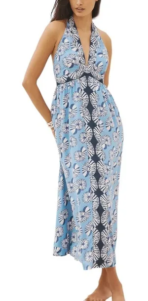 By Anthropologie XS Halter Cutout Midi Dress Maxi Blue Seashells Print. J-13 thumbnail 1