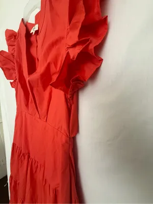 Entro Tiered Midi Dress Large Red Orange Ruffle Sleeve Back Cutout NWOT(A906) thumbnail 7