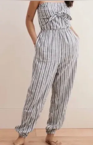 Aerie Strapless Tie‑Front Jumpsuit – Navy & White Stripe – Size L thumbnail 1