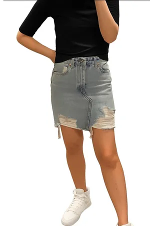 Zara Denim Mini Skirt Medium‎ M Light Wash Distressed Ripped Raw Hem Womens thumbnail 1