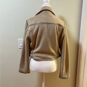Zara cropped moto jacket coat rhinestones trim beige faux suede M thumbnail 4