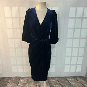 Lucy Paris Blue Velvet Puff Sleeve Surplice Neck Pleated True Wrap Dress Size XS thumbnail 2