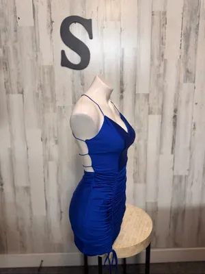 B. Darlin Royal Blue Ruched Side Drawstring Mini Dress Womens Size Small Open Ba thumbnail 2