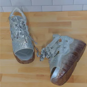Anthony Wang Platform Sandals Silver Cutout Bedazzled Wedge Y2K 35 (US 4-4.5) thumbnail 14