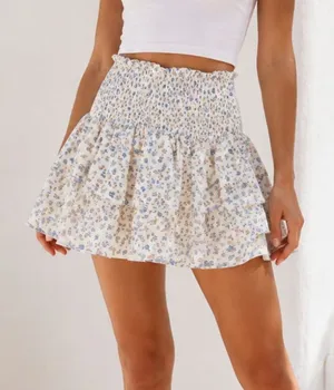 Princess Polly Floral Smocked Mini Skirt Ruffle Casual Summer Cream Blue Size 2 thumbnail 1