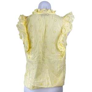 Ann Taylor LOFT Yellow Ruffle Sleeve Embroidered Floral Tie Blouse Top Size S thumbnail 2
