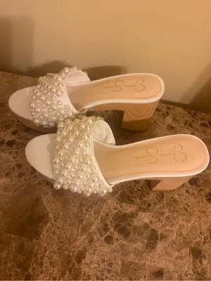 Jessica Simpson Pearl-Embellished White Platform Slide Mules thumbnail 4