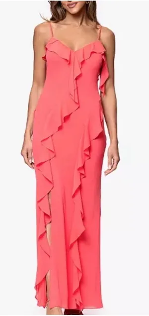 XSCAPE Ruffle Sweetheart Maxi Dress Coral Pink Petite 8 HOCO Prom Formal NWT thumbnail 1