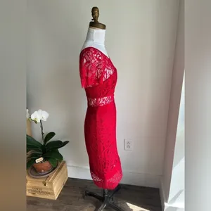 Nicole Miller Red Short Sleeve Combo Dress Midi Lace Illusion Size 0 thumbnail 3