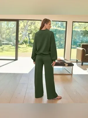 2 piece Olive Green Wide-Leg Lounge Pants - Women's Casual Pull-On Fall Wide Leg thumbnail 2