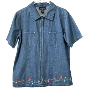 Denim & Co Women Medium Short Sleeve Zip Embroidered‎ Floral Grannycore Boho thumbnail 1
