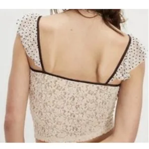 Free People Lace Crop Top Large Cream Brown Polka Dot Ruffle Romantic Shabby thumbnail 2