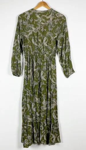 Zara Paisley Print Pattern Green Neutral Stretch Waist Long Sleeve Maxi Small thumbnail 1