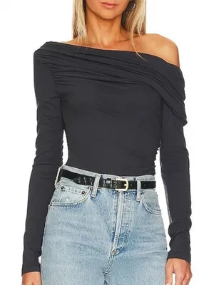 Agolde Kira Bodysuit Black Brown Ruched One Shoulder Long Sleeve Modal Top XS thumbnail 1