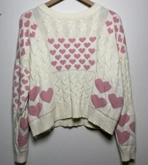 Threaded Leaf Women Patchwork Sweater M Cream Pink Heart Cable Knit‎ Coquette thumbnail 1