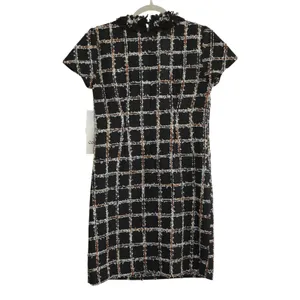 CeCe Size 2 Black Plaid Tweed Shift Dress Bow Neck Fringe NWT Career Chic‎ City thumbnail 9