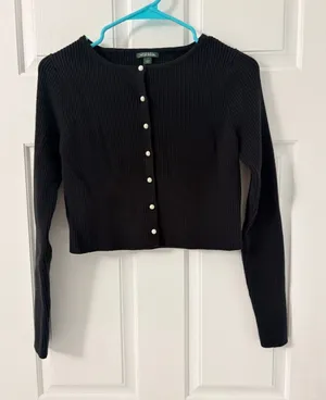 wild fable Black Ribbed Pearl-Button Cropped Cardigan thumbnail 1