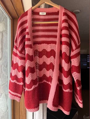 Umgee Red & Pink Open-Front Crochet Cardigan thumbnail 1