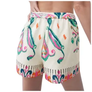 Zara Linen Print Shorts Boho Pom Pom‎ Drawstring Waist Casual Summer XS thumbnail 2