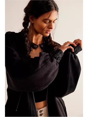 Free People Lou Moto Zip Jacket Sweatshirt Size XS Black Oversized Slouchy thumbnail 2