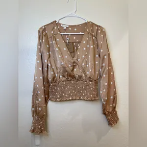 Blu Pepper NWT Tan Brown Polka Dot‎ Silky Blouse Size S thumbnail 2