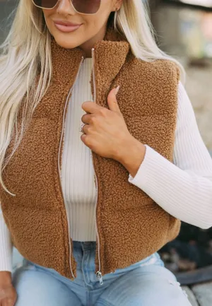 These Three Boutique Shearling Puffer Vest Brown thumbnail 4
