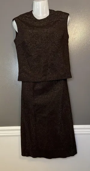 Handmade Womens 2 Piece Skirt Set Brown Metallic Sleeveless Top Midi Skirt Evening Party thumbnail 1