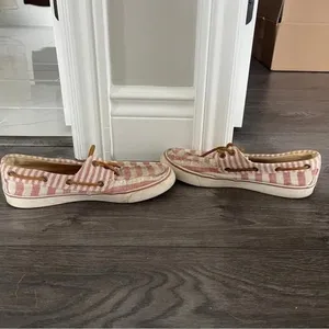 Sperry Boat Shoes Red and White Seer Sucker Stripe Leather Lace Up Preppy Size 7 thumbnail 5