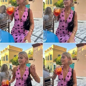 Alyweatry Pink Polka Dot Halter Maxi Dress Ruched V Neck Y2K Summer Sundress thumbnail 3