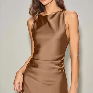 Rihoas Coffee Satin Boat Neck Slip Midi Dress thumbnail 2