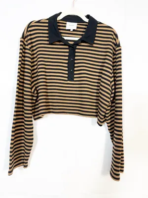Reformation Anna Rugby Shirt Black And Tan Stripe Extra Large Crop Polo Sporty thumbnail 2