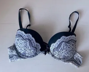 Y2k Victoria’s Secret black satin push up bra with white lace detailing 34A thumbnail 1