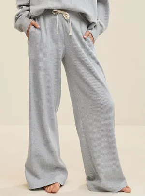 Aerie Essential Waffle Trouser Wide Leg Pants Women L Long Tall Gray Knit Lounge thumbnail 1